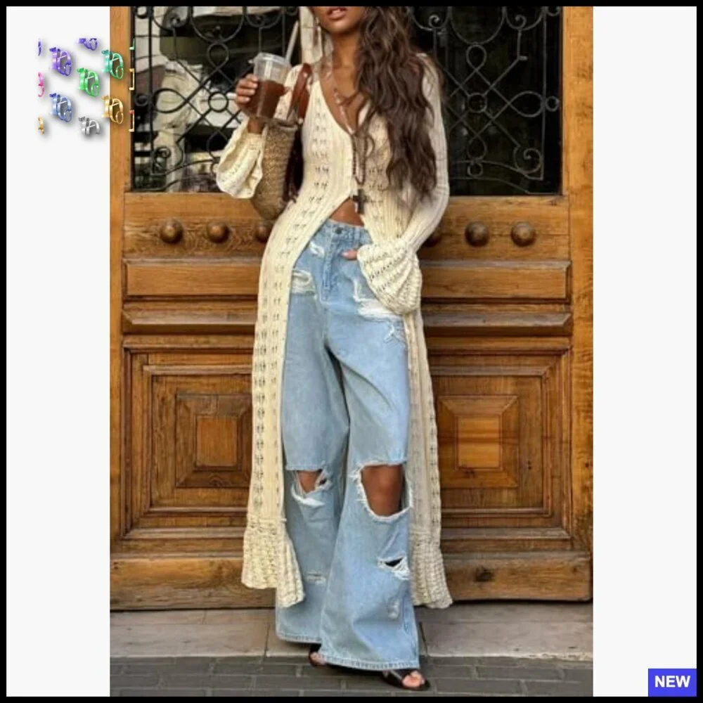 Crochet Hollow Out Maxi Cardigan Boho Oversized Button Down Sweater Dress
